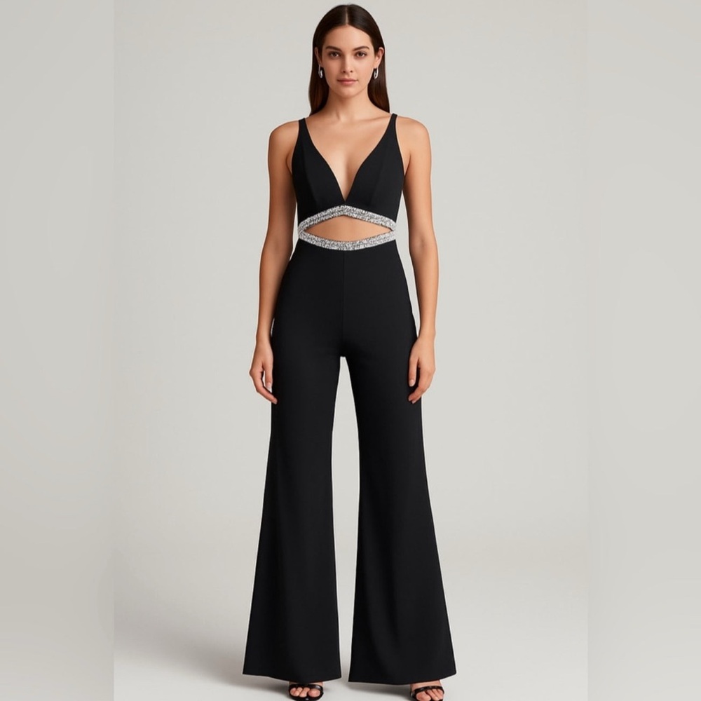NWT Mac Duggal 49830 Black Crystal WaistCutout Jumpsuit Sz XS $398